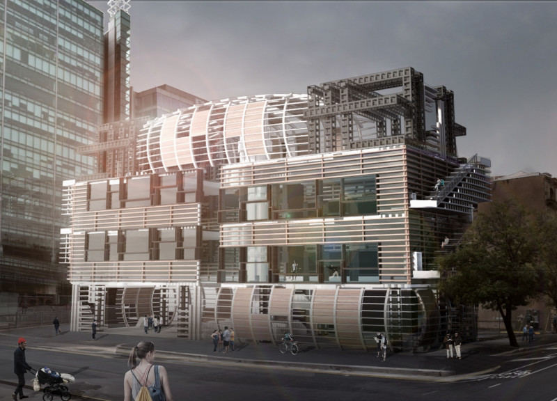 Dynamic Spaces Created with Crane-Aided Reconfiguration and Natural Wood Elements