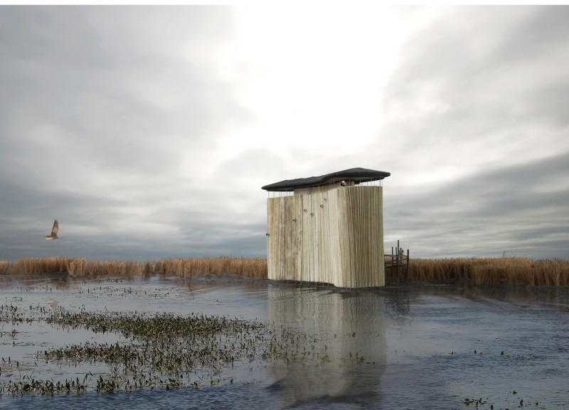 Translucent Fabric and Dricolor Roof Define Elevated Observation Point in Ecological Landscape