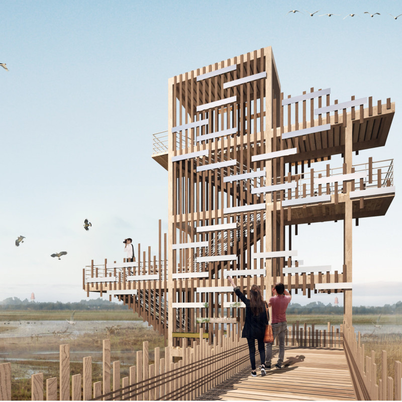 Vertical Louvers and Timber Columns Elevate Sustainable Observation in Wetland Ecosystem