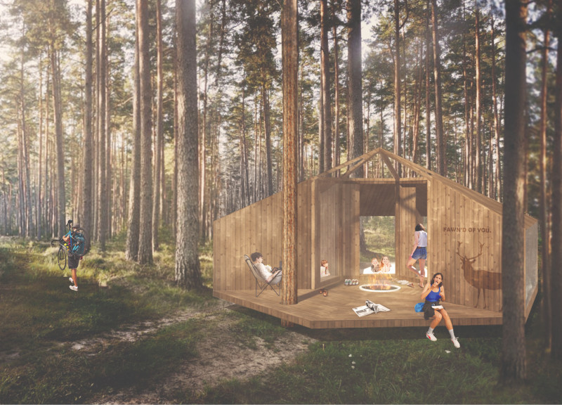 Hexagonal Cabins Crafted from Pinewood with Wildlife Graphics Amidst a Natural Landscape