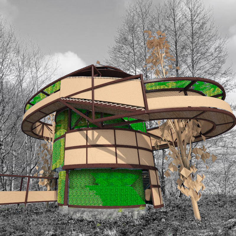 Corten Steel Spiral Structure Integrating Living Walls for Enhanced Ecological Observation