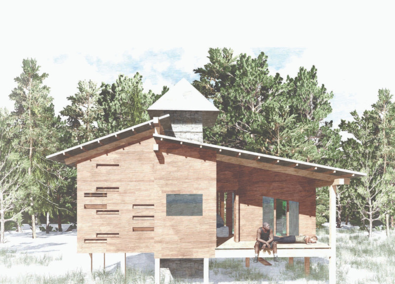 Asymmetrical Shelter Constructed with Natural Stone and Thatch Roof Amidst a Lush Landscape