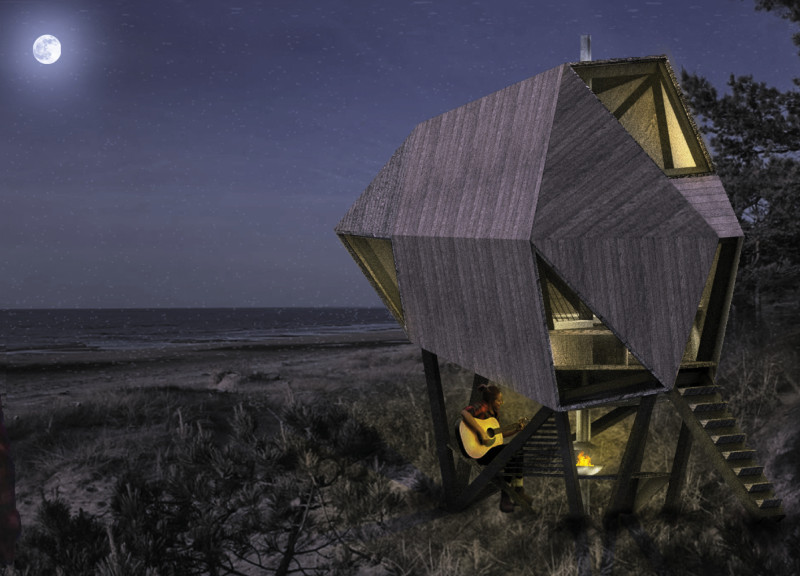 Diamond-Shaped Shelter Crafted from Local Pine and OSB for Sustainable Trekking Experiences