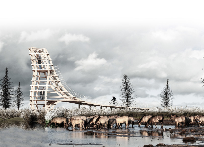 Elevated Observation Tower Crafted from Laminated Timber and Steel Integrating Wetland Habitat