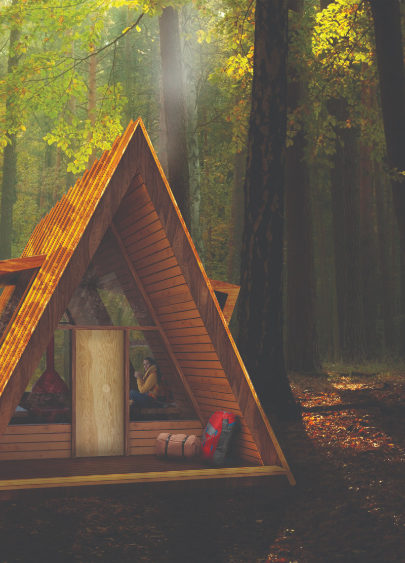 Prefabricated a-Frame Cabin Built with Laminated Timber and Weather-Resistant Materials for Hikers