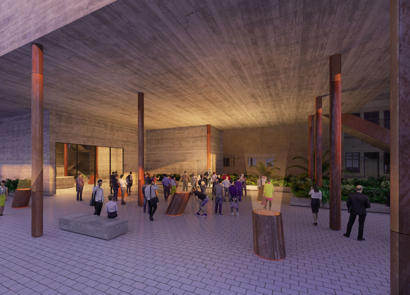 Corten Steel Tubing and Subterranean Exhibition Space in a Community Creative Hub