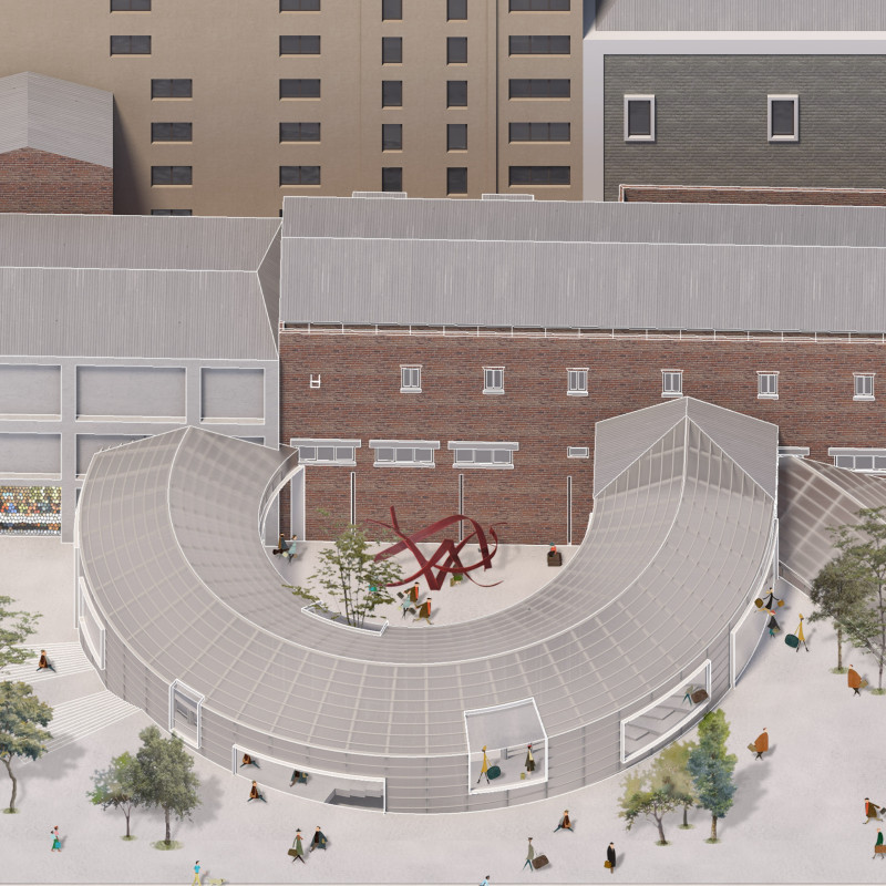 Translucent Polycarbonate Facade with Reclaimed Brick Elements for Community Engagement