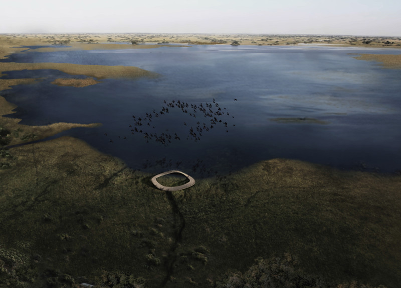Circular Structure Built with Sustainable Wood Decking Overlooking Local Wetlands