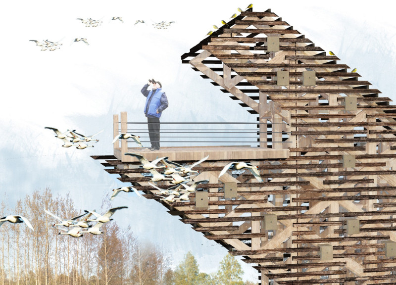 Layered Observation Tower Featuring Engineered Wood Louvers and Integrated Birdhouses
