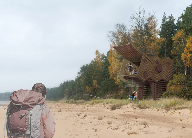 Parametric Timber Cabins with Herringbone Facades for Coastal Rest Stops