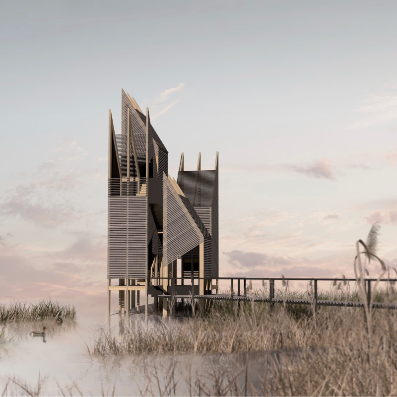 Elevated Concrete Foundations with Charred Wooden Shingles in a Wetland Environment