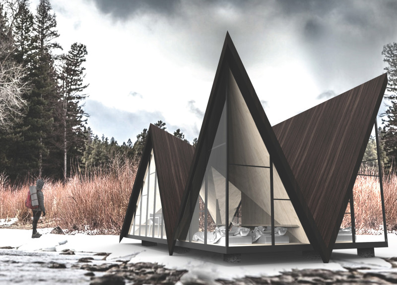 Charred Wooden Shingles and Plywood Create Communal Lodging Along Mountain Trails