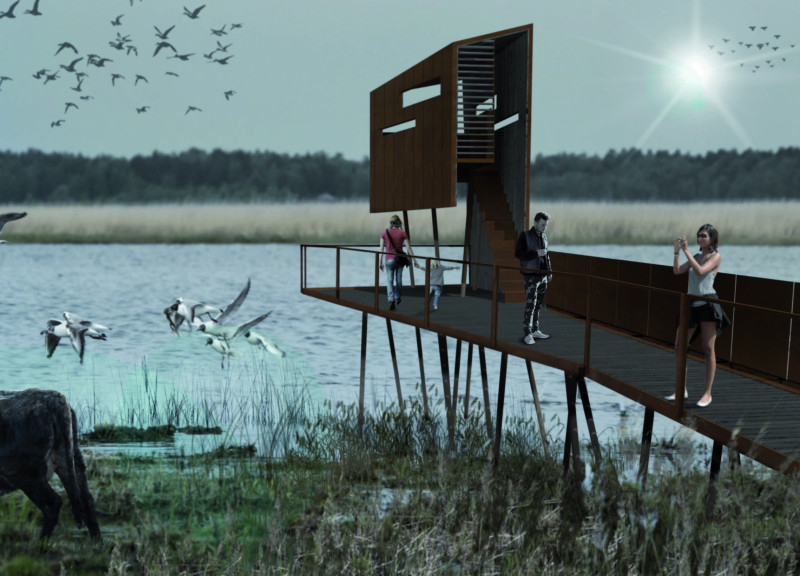Charred Wood and Corten Steel Structure Providing Elevated Bird Observation Experience