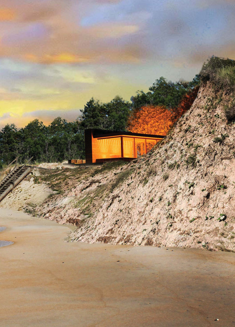 Gabion Walls and Amber Elements Create Sustainable Coastal Retreat