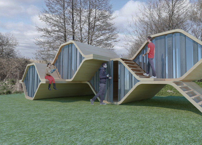 Serpentine Form Crafted from Engineered Wood with Solar-Powered Efficiency for Nature Retreats