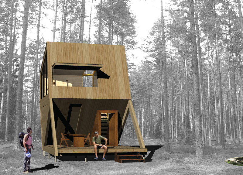 Elevated Triangular Form Emphasizing Natural Insulation and Wood Structure in a Retreat Setting