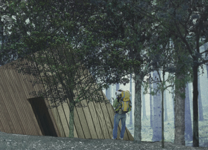 Inclined Structure of Cross-Laminated Timber Panels Emphasizing Natural Light and Scenic Views