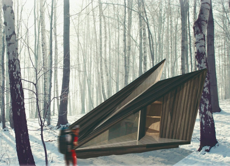 Embracing Natural Harmony with Slanted Birch Shelters for Outdoor Retreats