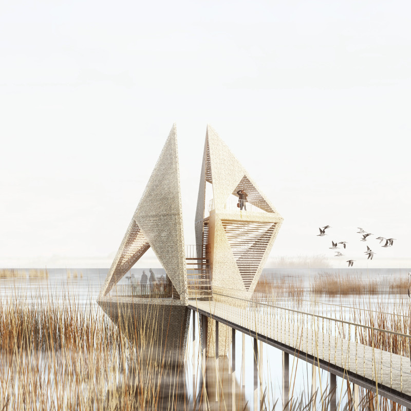Biomimetic Pyramidal Structure Featuring Native Reed Roofing for Community Bird Observation
