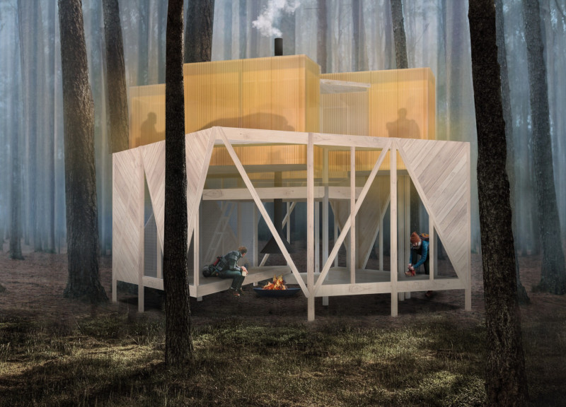 Charred Wooden Shingles and Cross-Laminated Timber Panels Define a Multifunctional Urban Space