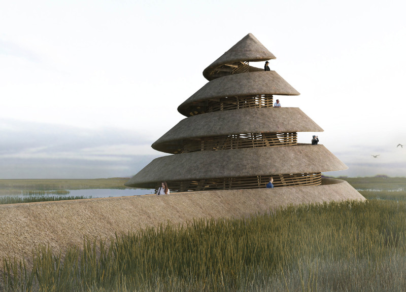 Spiral Timber Structure with Thatch Roof Overlooking Wetlands