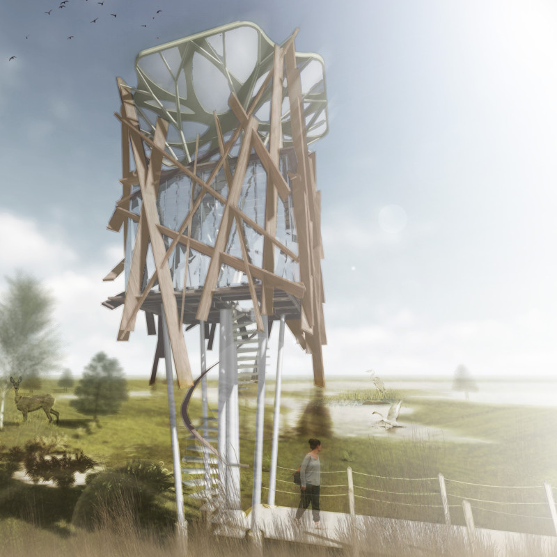 One-Way Mirrored Glass Observation Tower Constructed with Modular Timber in a Natural Habitat