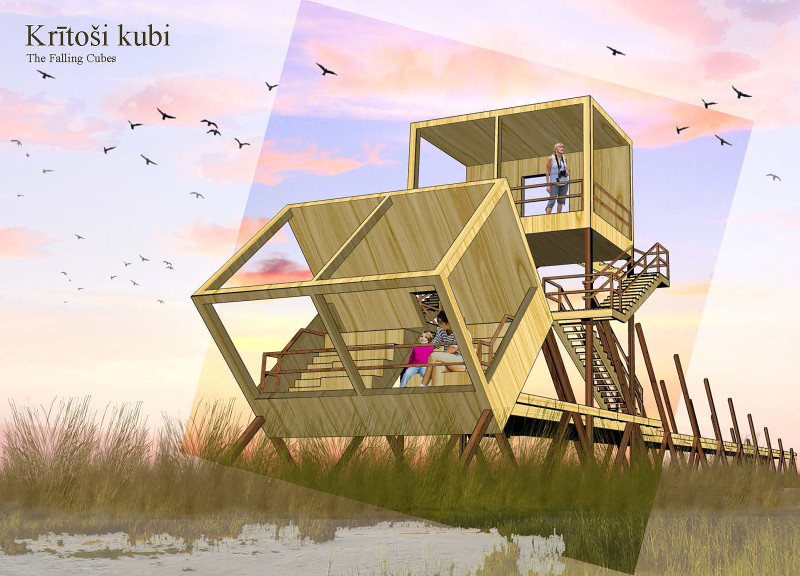 Tilted Cubes of Charred Wood and Glulam Beams Envelop Birdwatching Experience