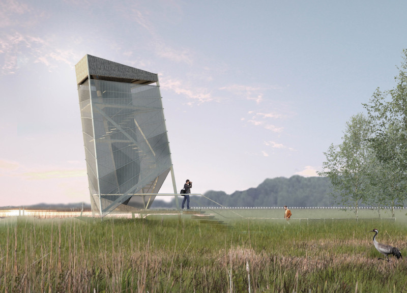 Woven Rope Screens and Thatch Roof Envelop an Elevated Observation Tower in a Wetland Ecosystem