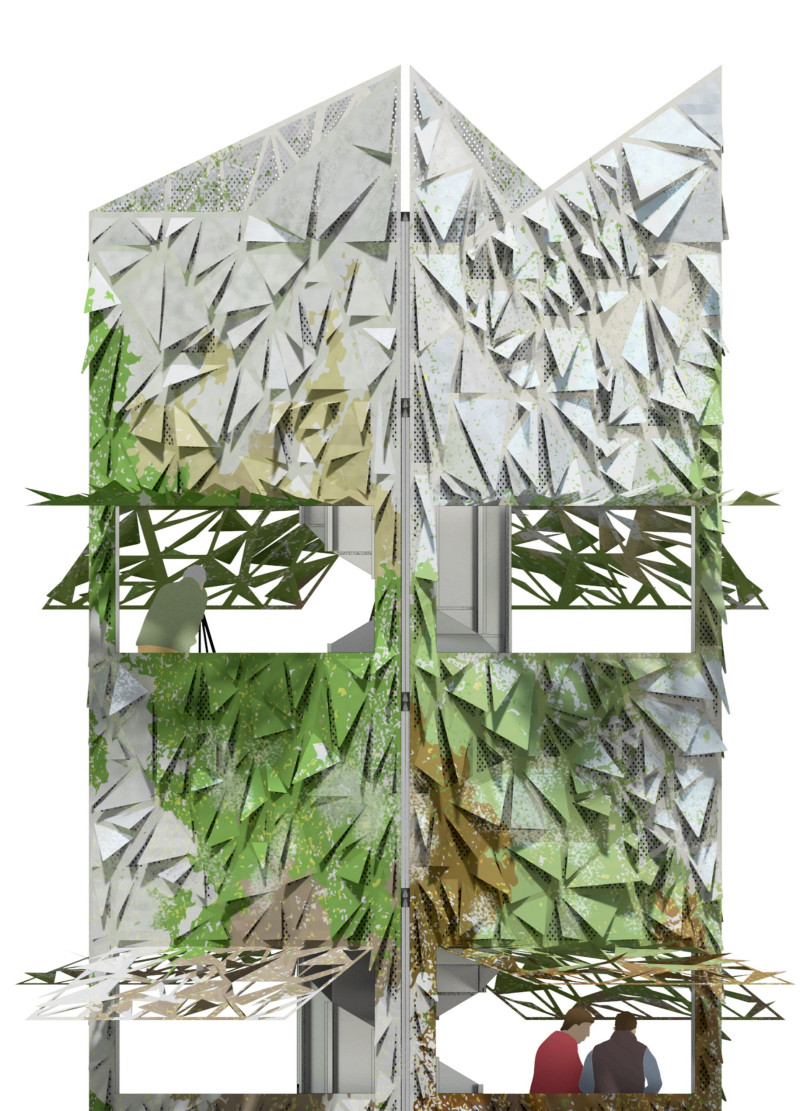 Biomimetic Design Featuring Powder-Coated Aluminum and Leaf-Inspired Projections for Wildlife Observation