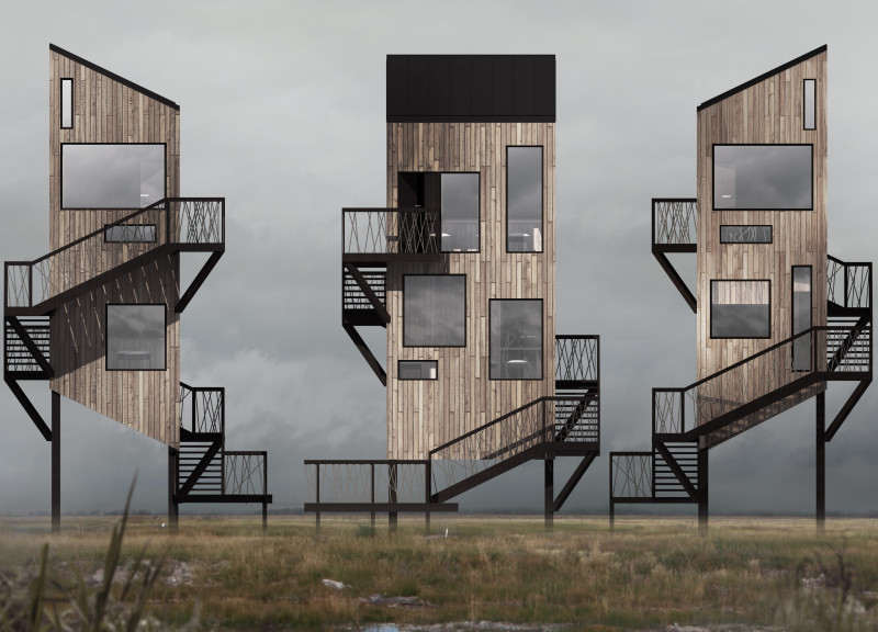 Charred Wooden Shingles and Diagonal Bracing Define a Nature Observation Tower