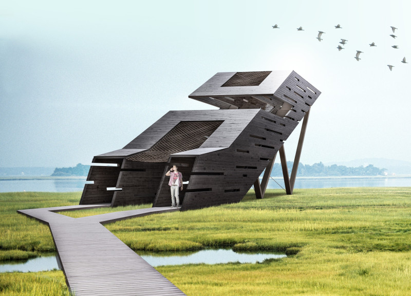 Charred Timber Pavilion with Cable Netting Overlooking Marsh Ecosystem