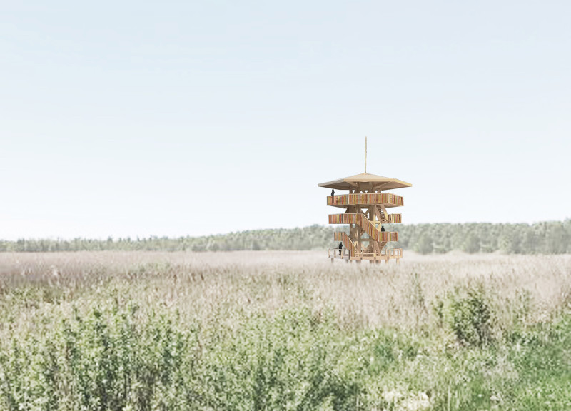 Charred Wooden Shingles and Colored Strips Defining a Contemporary Bird Observation Structure