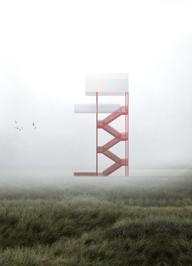 Ethereal Red Metal Observation Structure with Perforated Panels Enhancing Sustainable Viewing Experience