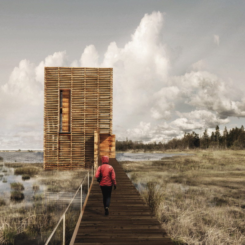 Charred Wooden Shingles and Permeable Façades in a Timber Elevation Tower for Wildlife Observation