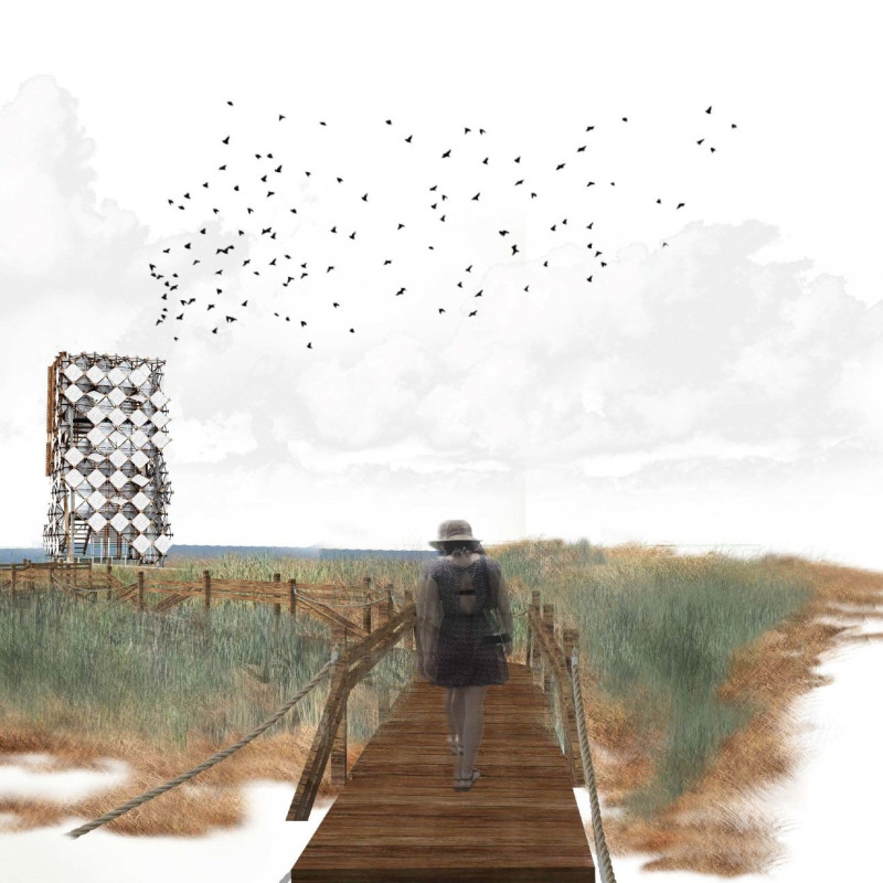 Cross-Stitched Timber Panels Elevate Birdwatching Experience in Coastal Reserve