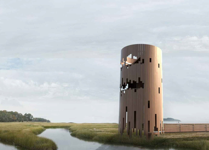 Cylindrical Reclaimed Wood Structure Enhancing Wetland Habitats for Visitor Engagement