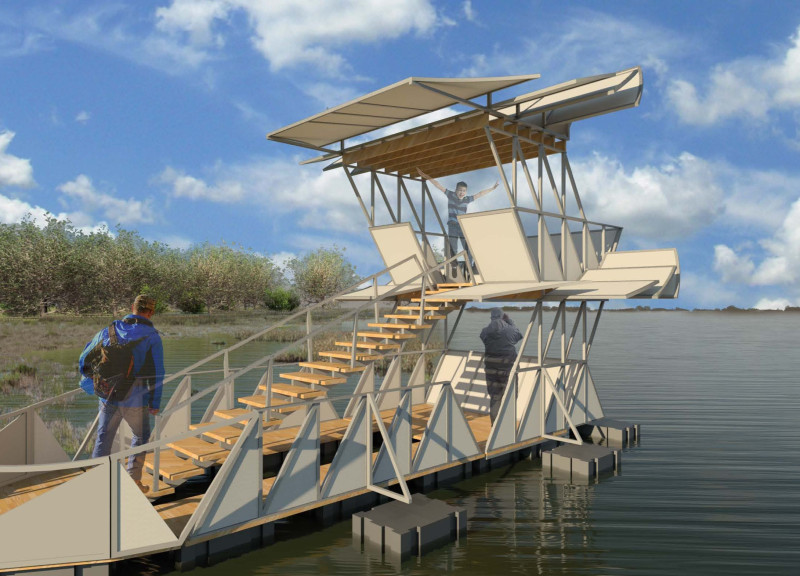 Floating Structure with Aluminum Frame and Softwood Pathways for Interactive Engagement