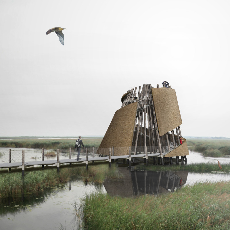 Spiral Observation Tower Framed with Local Timber and Thatch Roofing Overlooking Wetlands