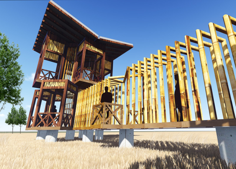 Rotating Bamboo Platforms Nestled in the Natural Landscape for Bird Observation