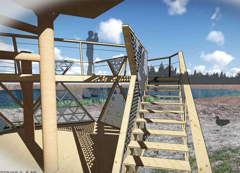 Triangular Viewing Platforms Crafted from Accoya Wood and Perforated Metal in an Ecological Landscape