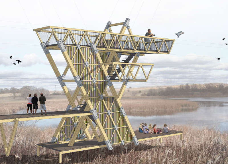 Triangular Glulam Structure Integrating Wire Mesh for Elevated Bird Observation in a Wetland Ecosystem