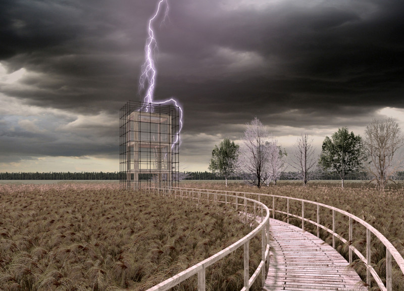 Faraday Cage Structure of Steel and Timber Overlooking Marshland Ecosystem