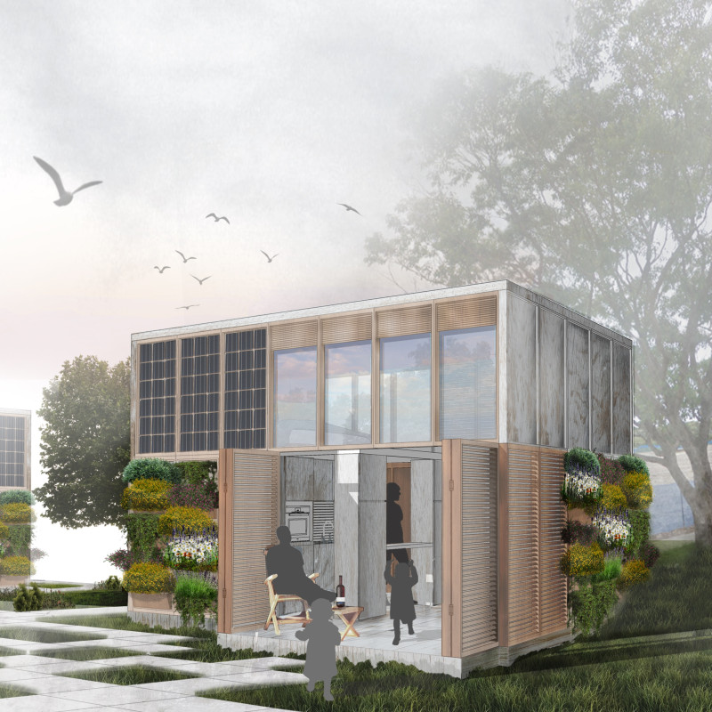 Modular Living Spaces Featuring Vertical Green Facades and Integrated Solar Panels