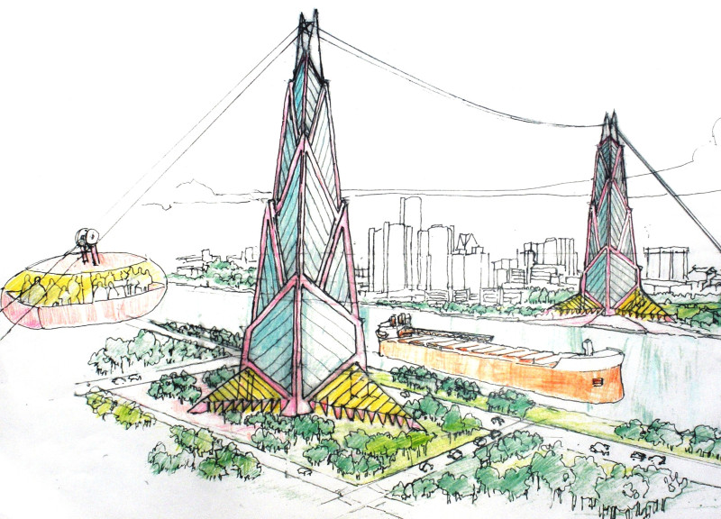 Vertical Towers Featuring Transparent Glass Facades and Integrated Cable Car System