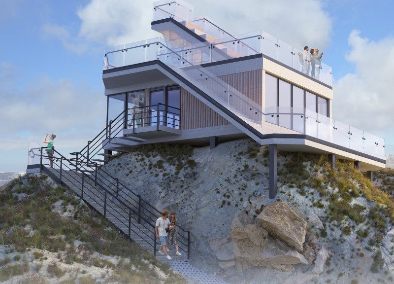 Tiered Observation Deck Featuring Local Materials and Sustainable Practices Nestled in Volcanic Landscape