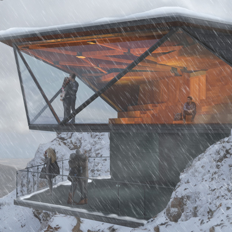 Hexagonal Observation Point Crafted from Volcanic Rock and Charred Timber Panels