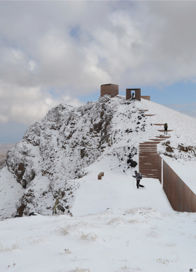 Corten Steel Observation Decks Nestled Within Volcanic Terrain
