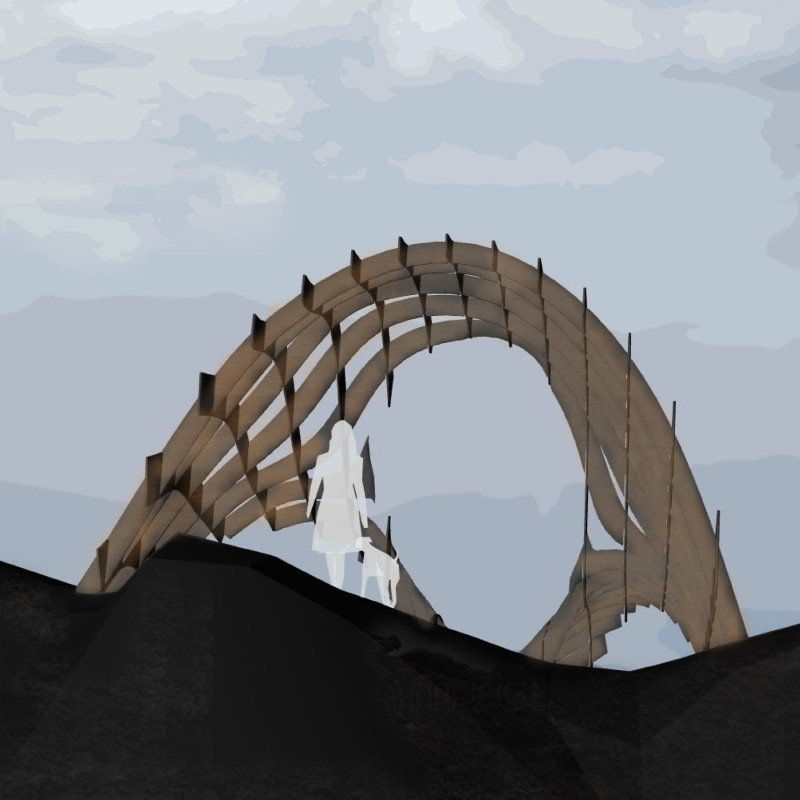 Hanging Chain Vault Structure Crafted from Cross-Laminated Timber Panels Overlooking Volcanic Landscape