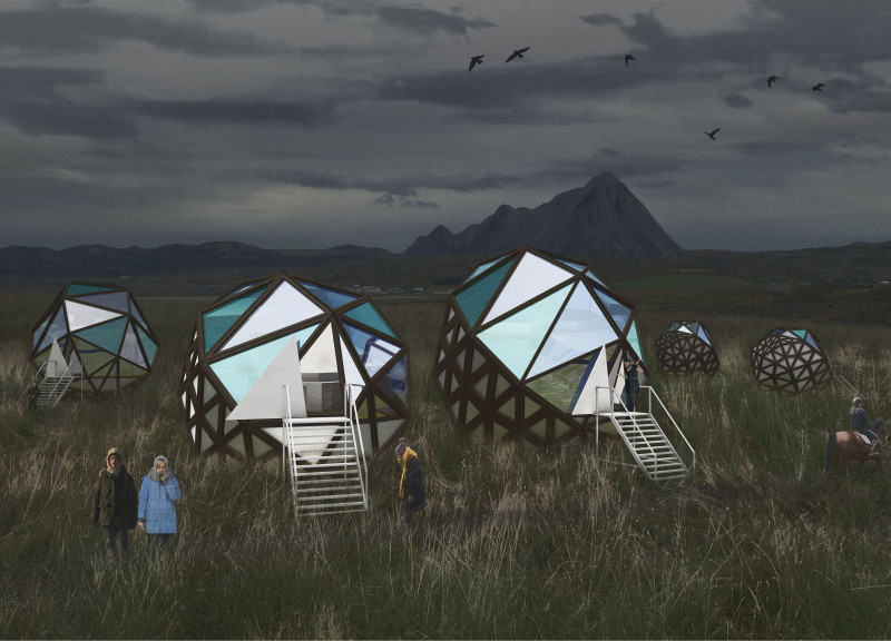 Spherical Retreat Constructed with Geothermal Wood and Expansive Glass for Aurora Observation