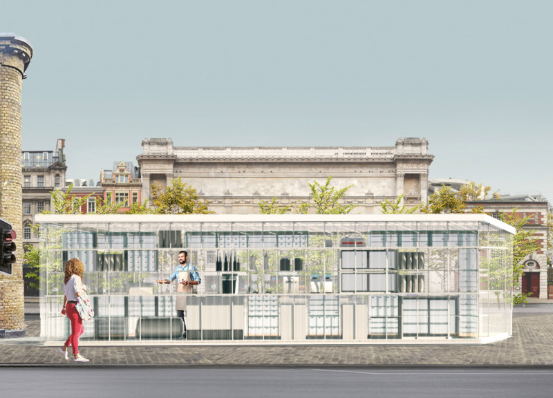 Translucent Facade of Modular Polycarbonate and Reclaimed Wood in an Urban Coffee Hub